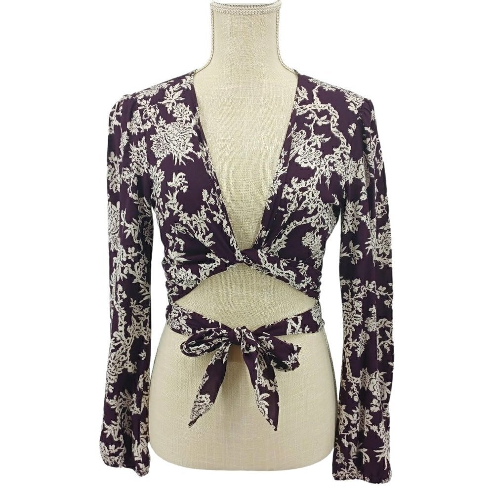 Flynn Skye That's a Wrap Crop Top Wine Floral Women's M Boho Festival Hippie